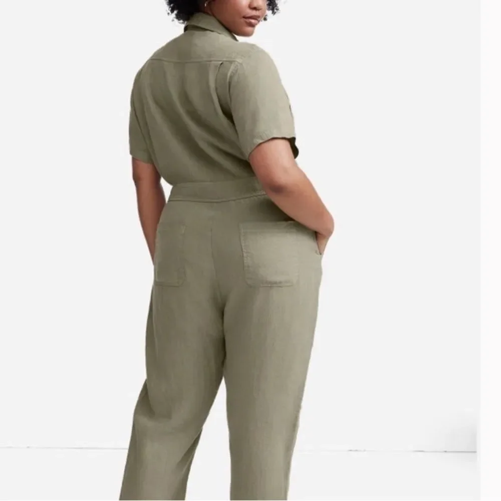MATE the LABEL Oversized Linen Utility Jumpsuit Short Sleeve Olive Green